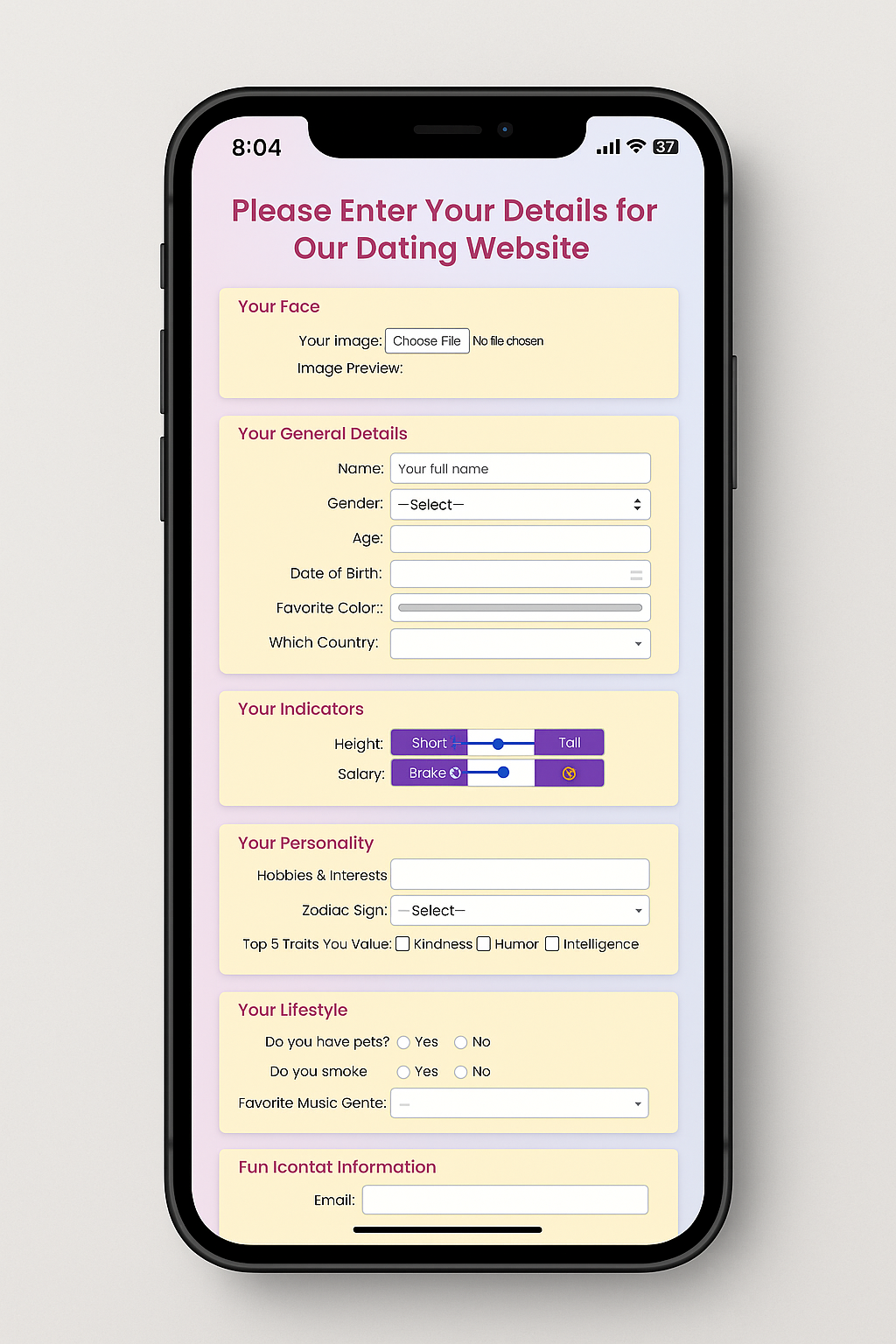 Dating Website Form Screenshot